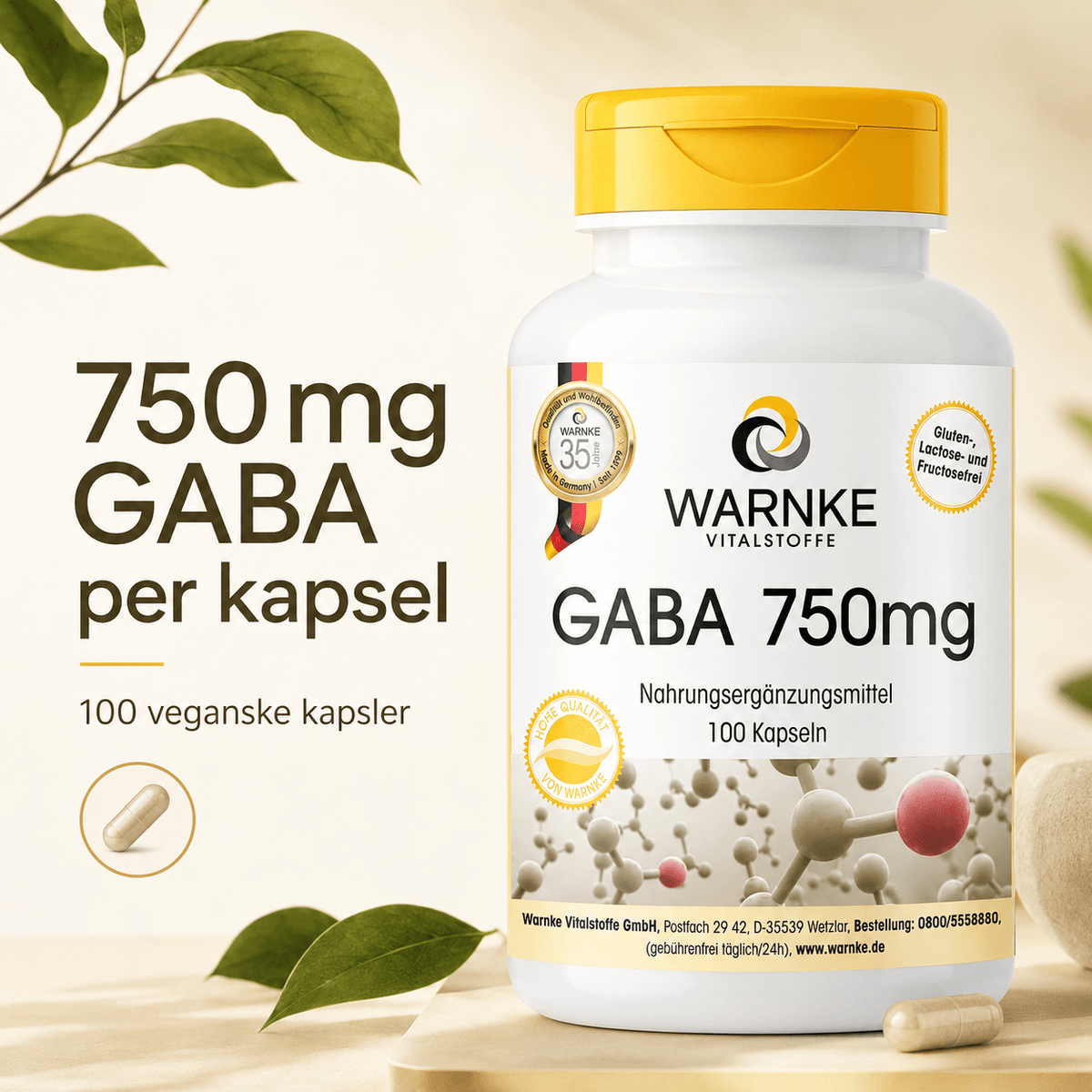 GABA 750 mg kapsler i en hvit beholder med gulttopp, med 100 veganske kapsler synlig i nærbilde.