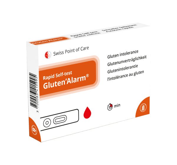 Gluten'Alarm celiac home test with test cassette, lancet, pipette and buffer for anti-tTG IgA in finger blood