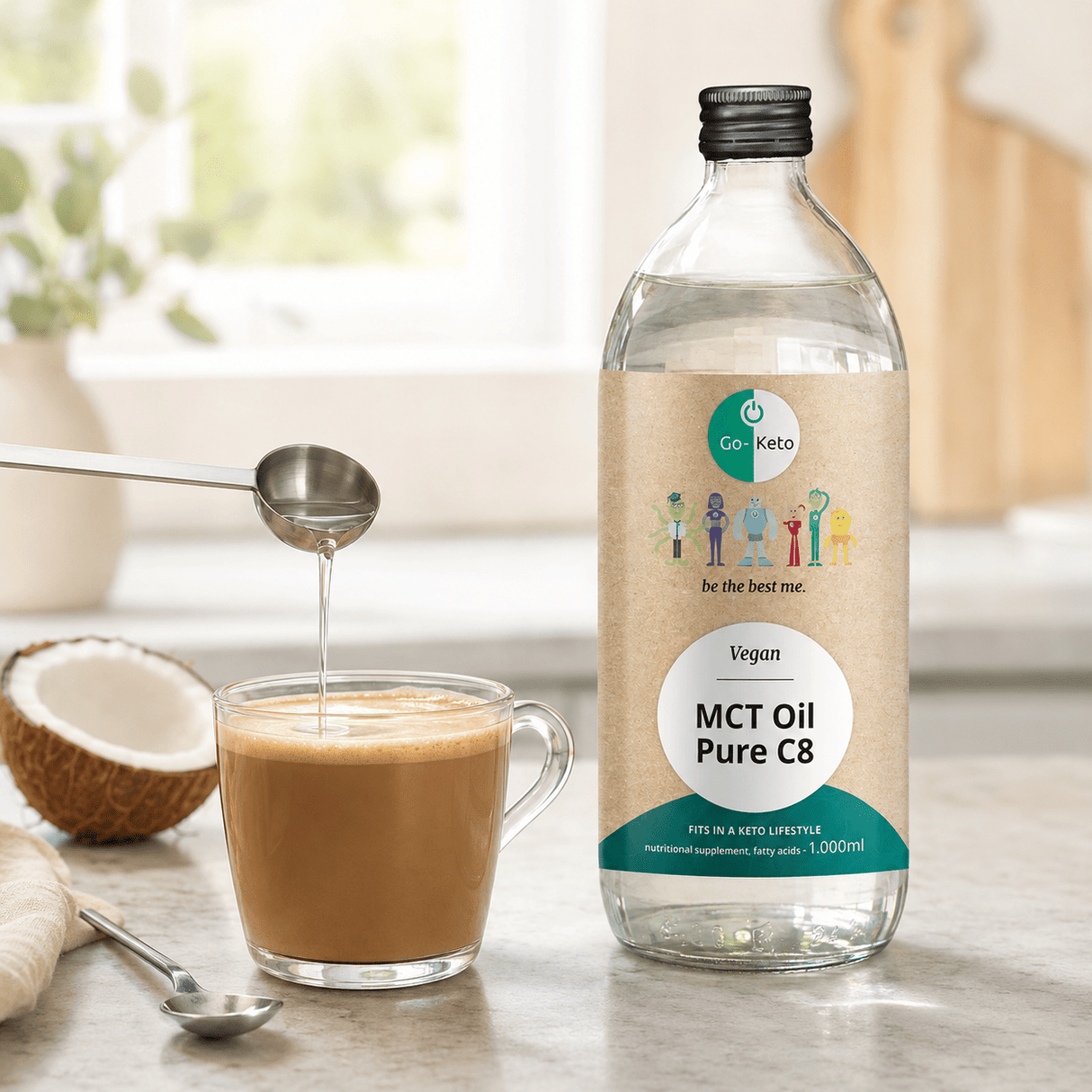 Go-Keto MCT Oil Pure C8 in a transparent bottle, poured into a cup of coffee on a kitchen counter.