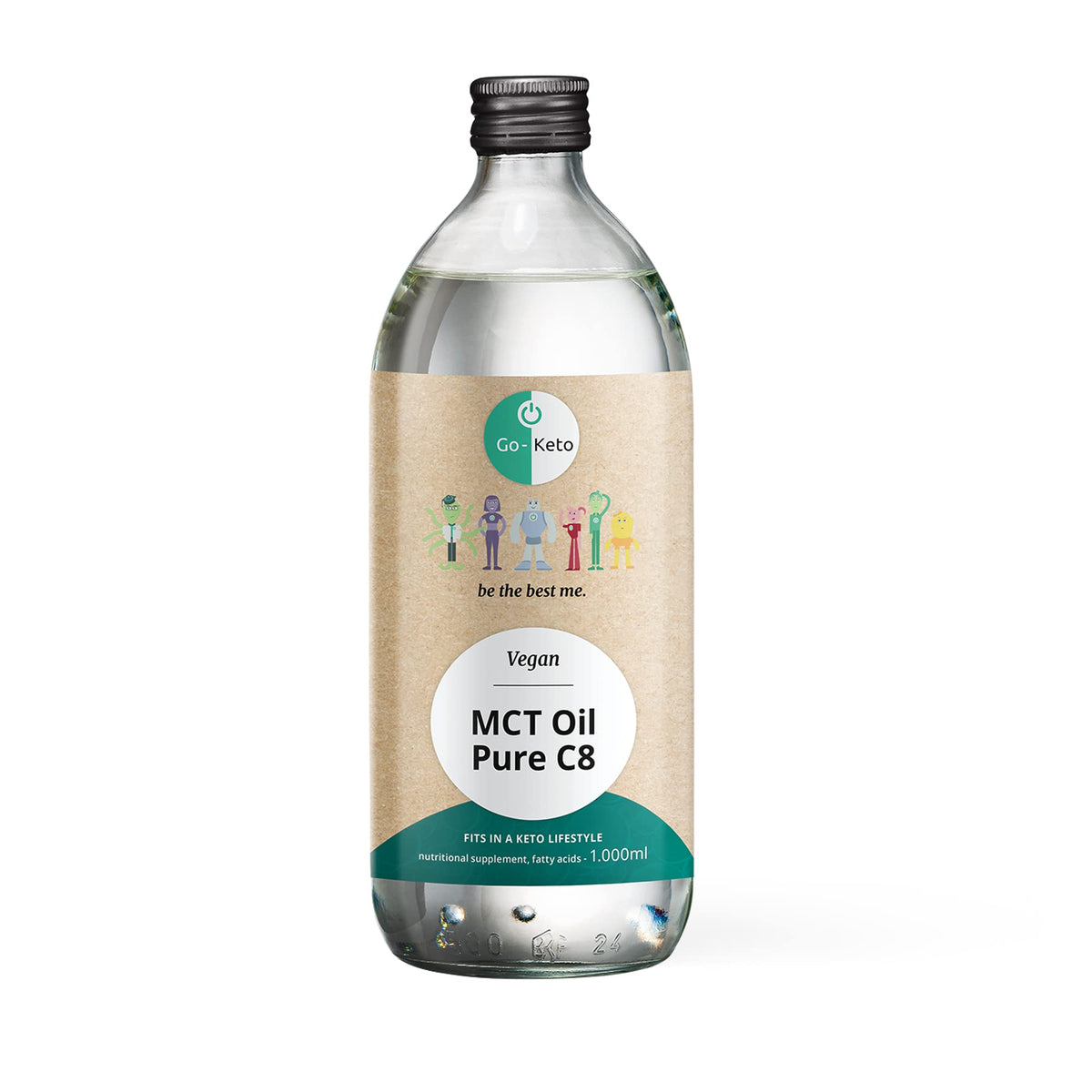 Transparent PET bottle with beige label, 1000 ml pure C8 MCT oil from coconut, vegan and palm oil free.