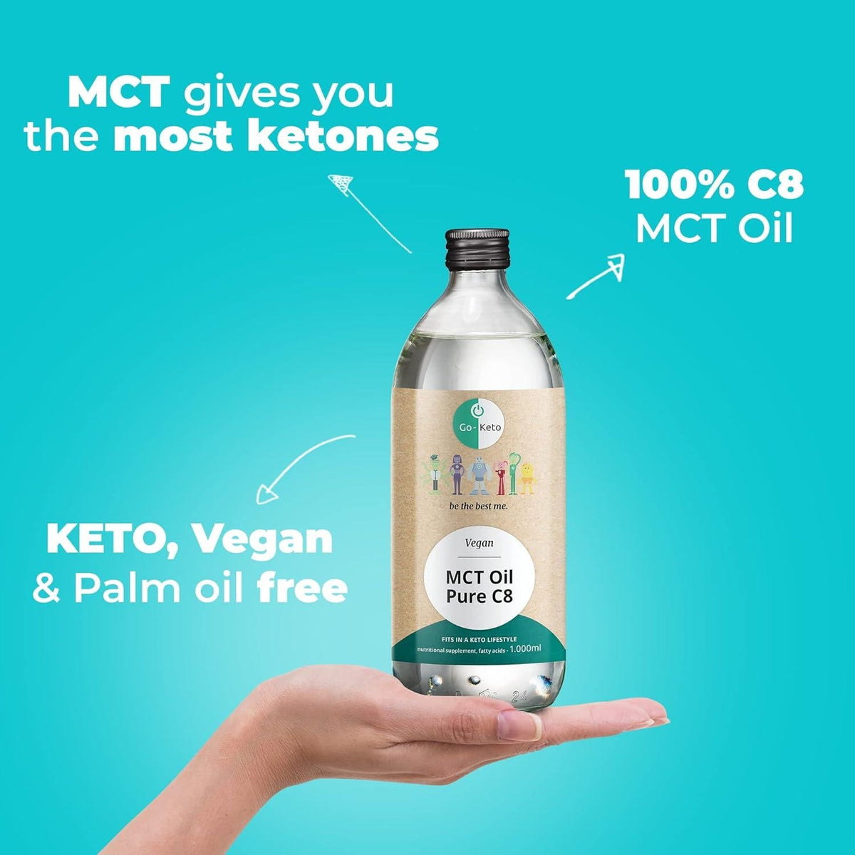 Go-Keto MCT Oil Pure C8 in a clear, handheld PET bottle. Bottle volume: 1000 ml.