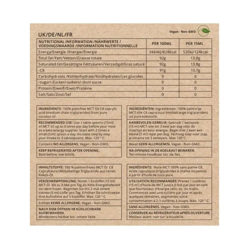 GoKeto Bio MCT (ren kokosolie) ernæringsfakta i papirformat, ingrediensdetaljer og anbefalet brug.