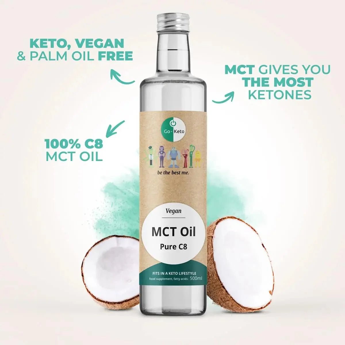 Huile GoKeto C8 MCT en bouteille en verre, 500 ml, avec noix de coco et étiquette avec des informations sur le végétalien et sans huile de palme.