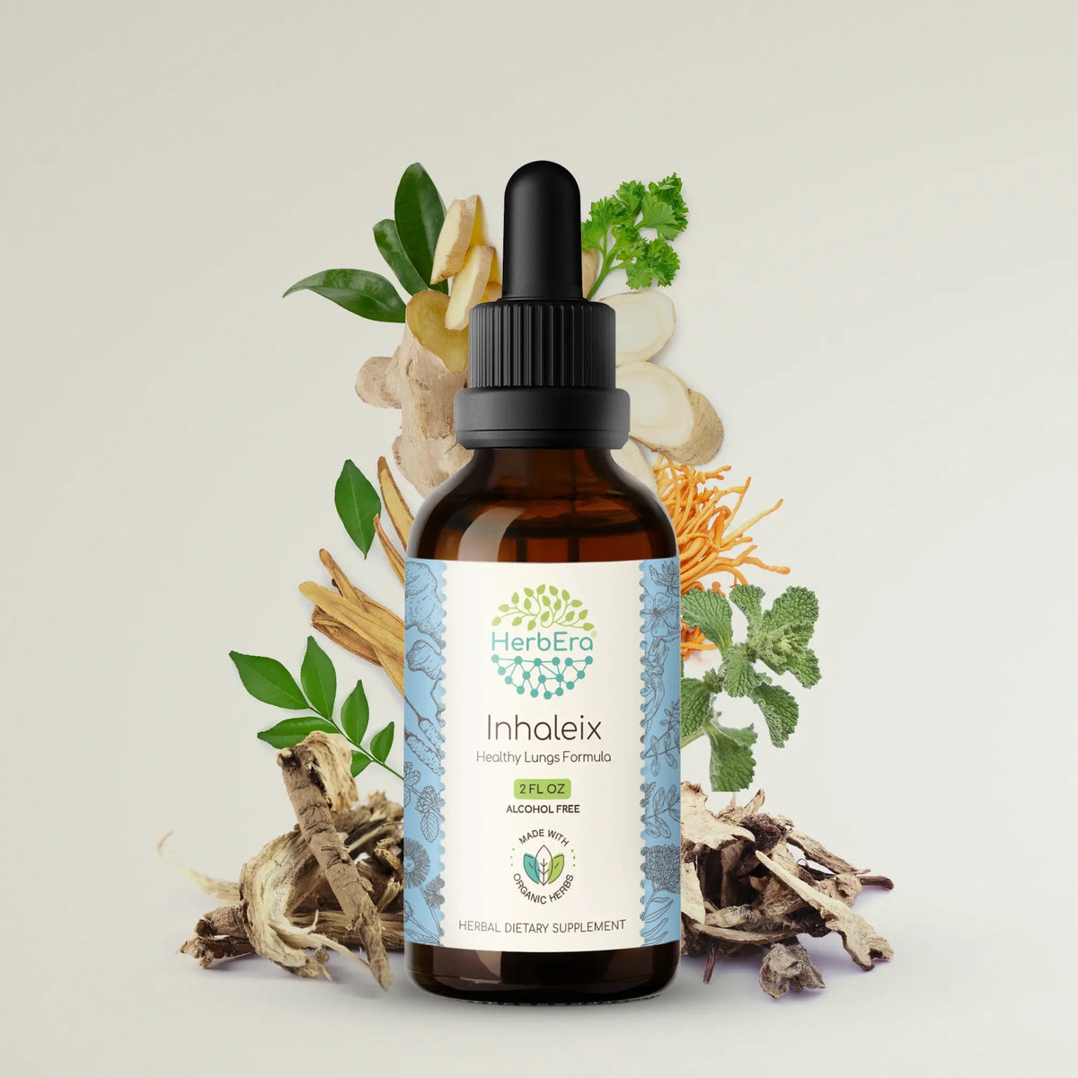 HerbEra Inhaleix Tinktuura 59 ml tummassa lasipullossa tiputtimella, alkoholiton yrttikoostumus hengitysteille ja limakalvoille