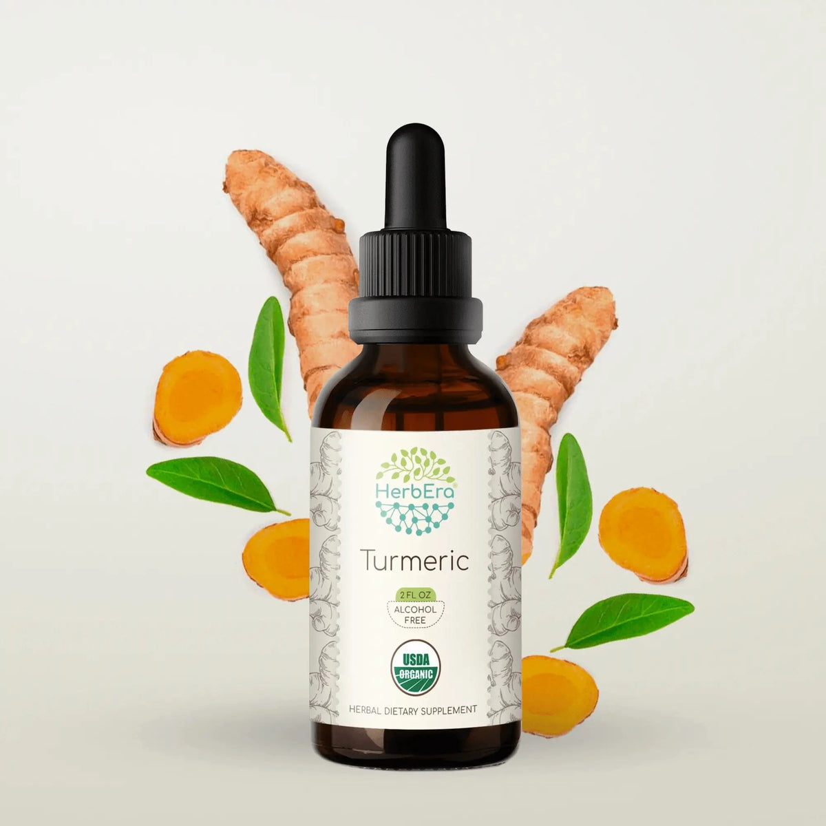 HerbEra Turmeric Tincture alcohol-free turmeric tincture in bottle with pipette, yellow-orange liquid