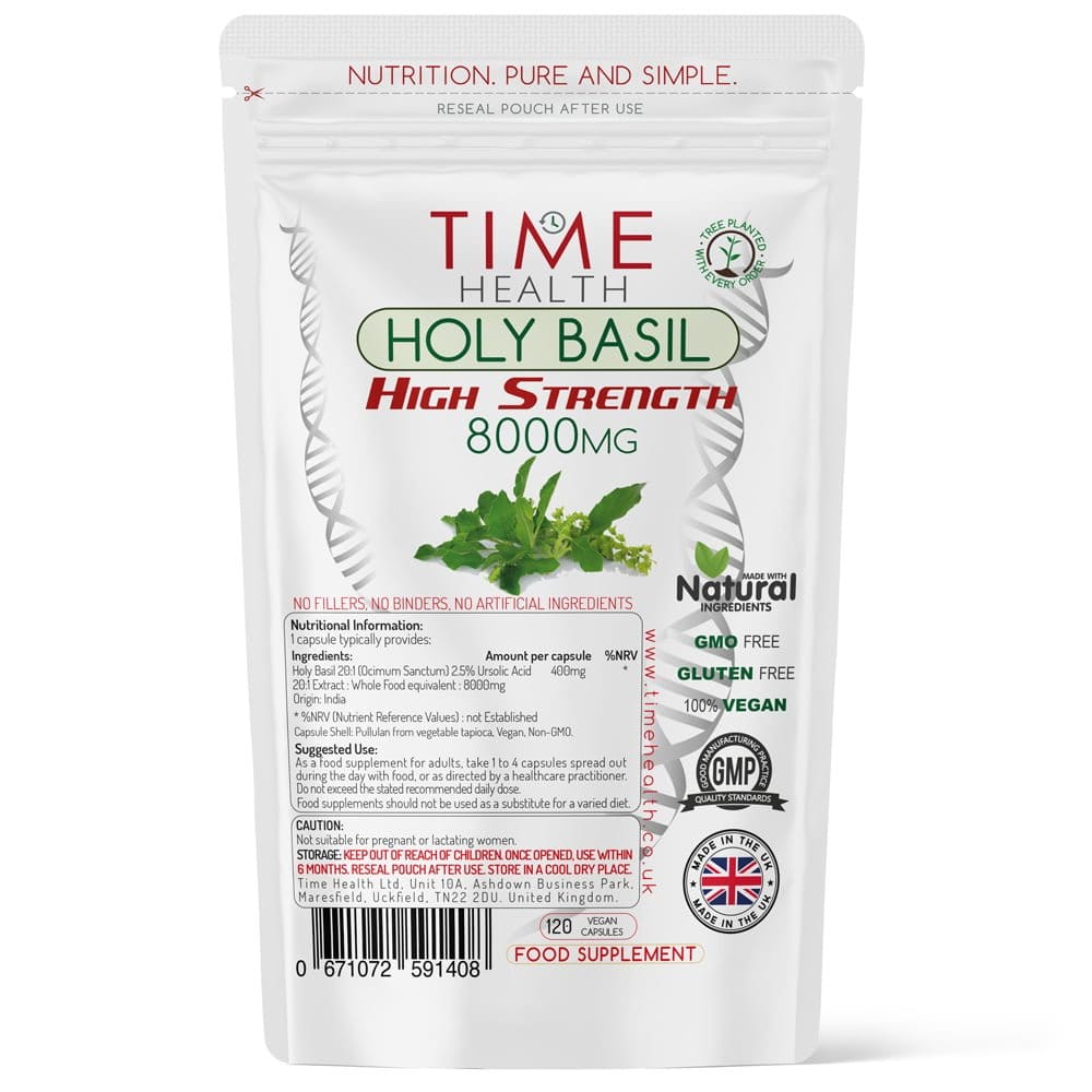 Holy Basil 20:1 Ocimum sanctum ravintolisä, joka sisältää 120 kapselia ja 2,5 % ursolihappoa vegaanisessa kapselissa