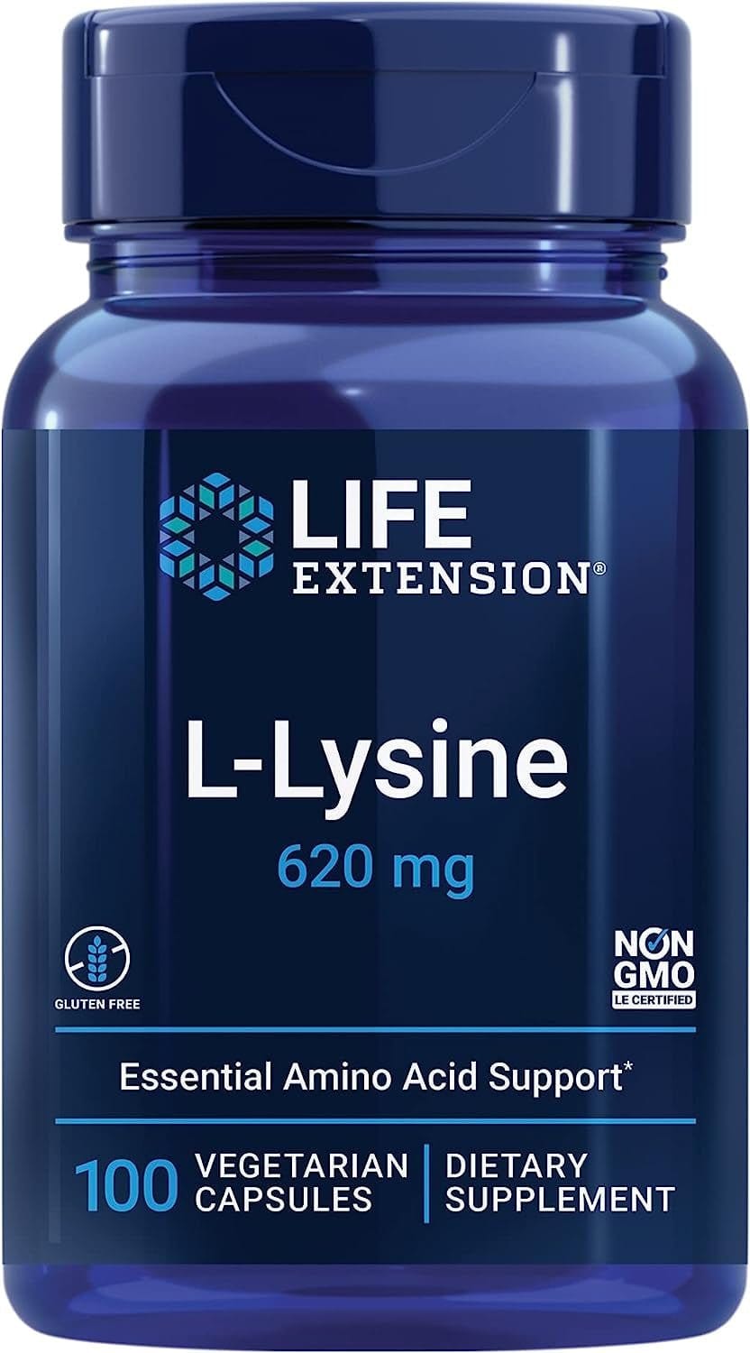 Complemento alimenticio L-Lisina 620 mg con 100 cápsulas vegetales de Uno Vita y Life Extension