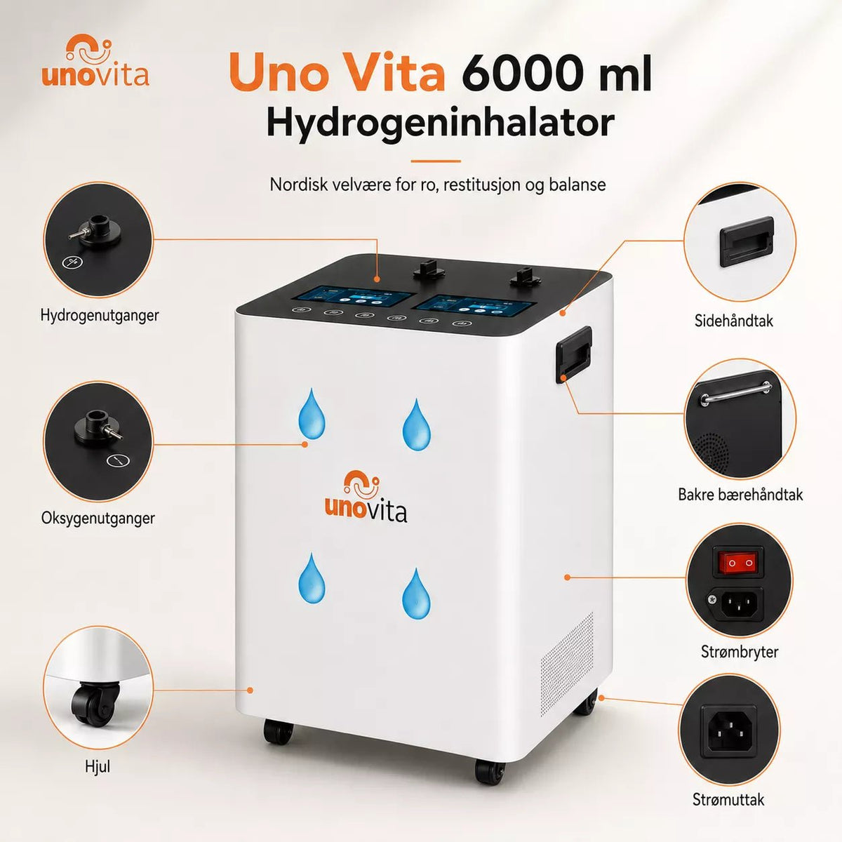 Großer Durchfluss 6000 ml Wasserstoff-Inhalator – (Wasserstoff-Sauerstoff-Generator) – Uno Vita AS