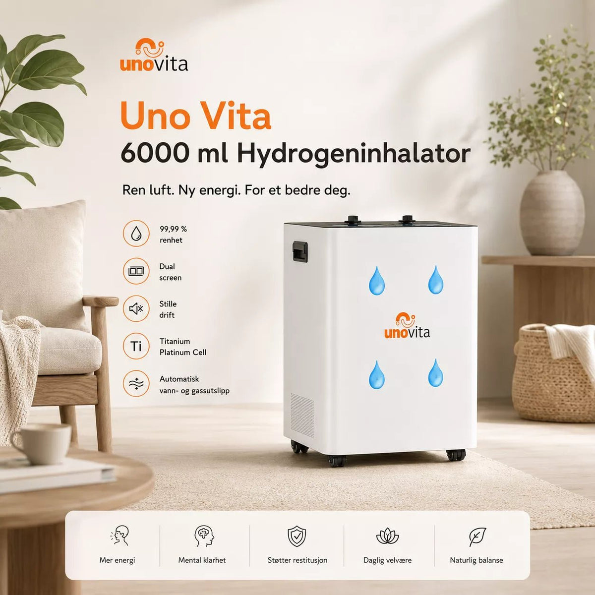 Großer Durchfluss 6000 ml Wasserstoff-Inhalator – (Wasserstoff-Sauerstoff-Generator) – Uno Vita AS