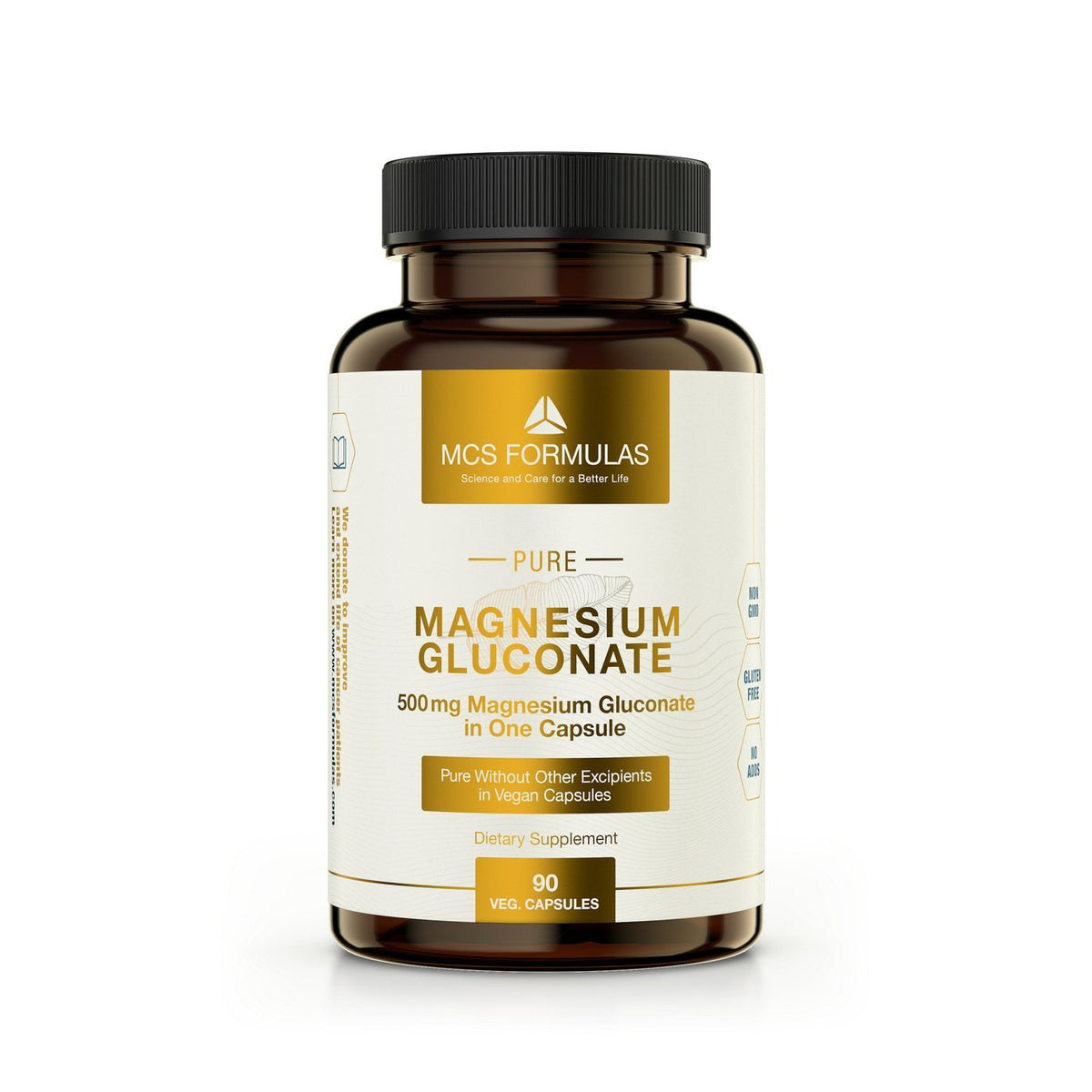Magnesiumglukonat kosttillskott med 90 veganska kapslar, 500 mg magnesiumglukonat per kapsel i vit flaska