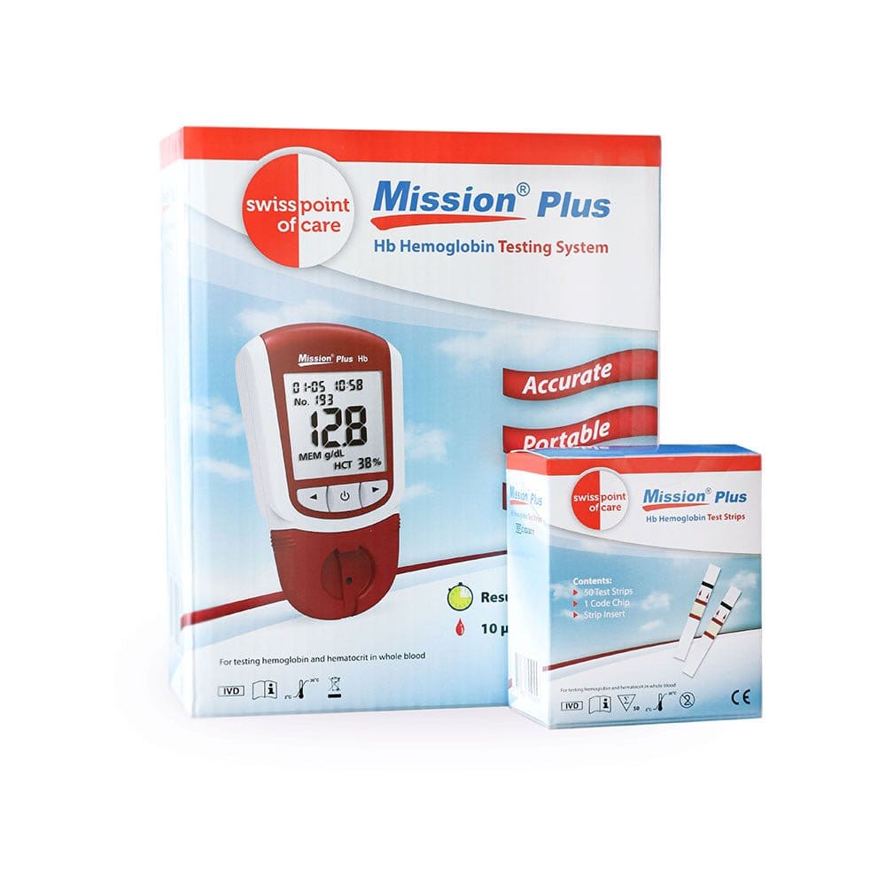 Mission Plus Hb hemoglobinmätare startpaket med 50 remsor, blodprovstagare, lansetter, kapillärrör och bärväska