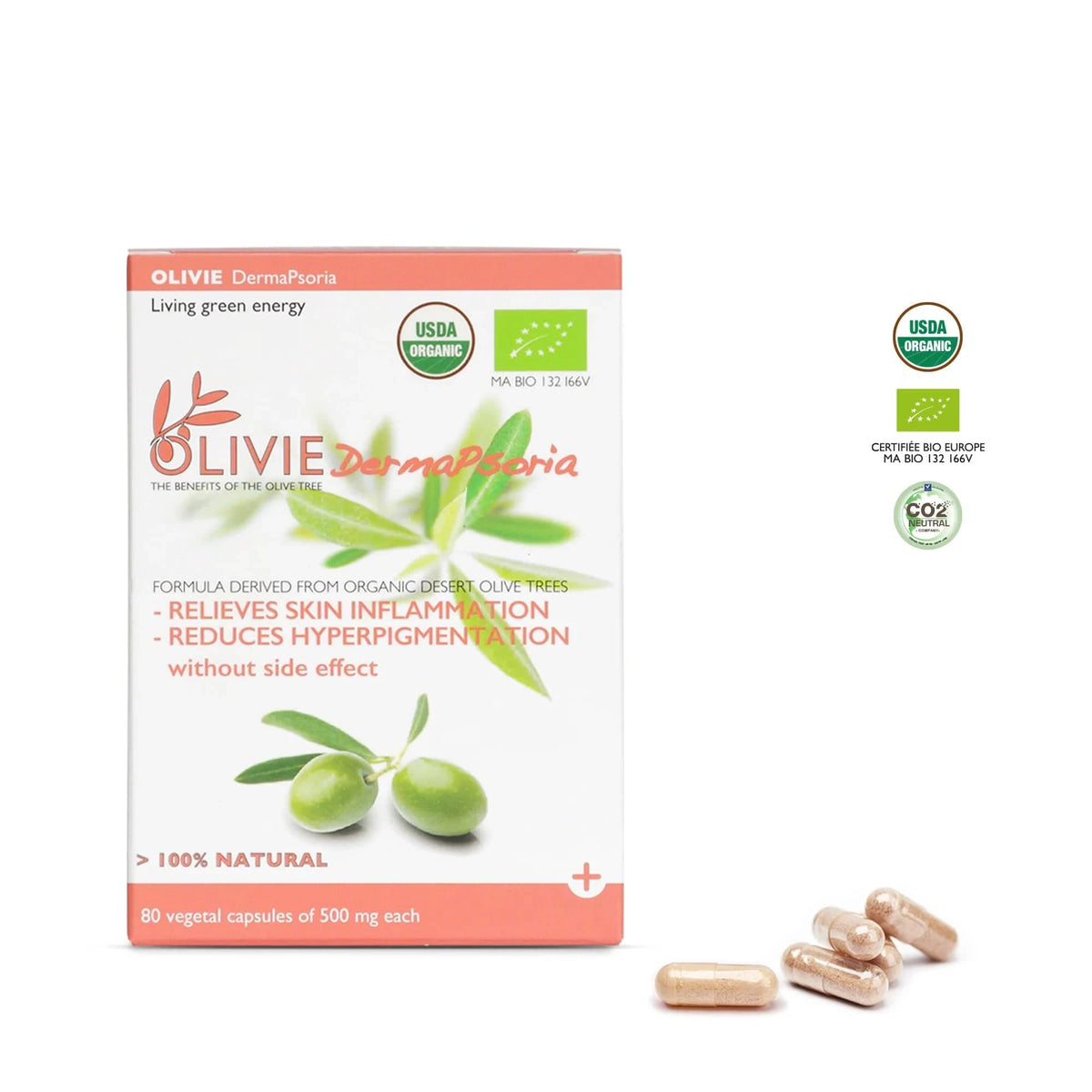 OLIVIE DermaPsoria dietary supplement with 40 vegetable capsules of 500 mg and olive polyphenols from organic raw materials