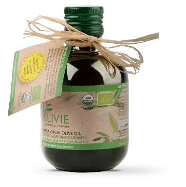 Organic extra virgin olive oil in a dark glass bottle with green labels and a hemp string. Volume: 250 ml.