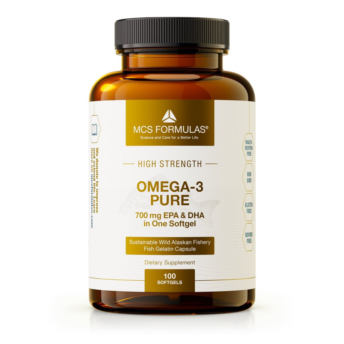 Omega-3 Pure 100 kapselia luonnonvaraisen Alaskan turskan kalaöljyllä, 750 mg omega-3 kapselia kohden ja erittäin puhdasta