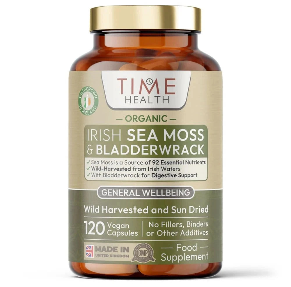 Økologisk Irish Sea Moss og Bladderwrack kosttilskud med 120 veganske kapsler af vildhøstet irsk tang