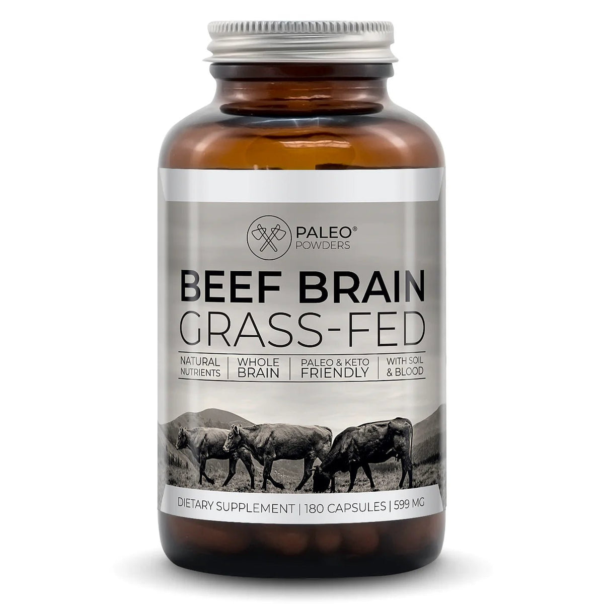 Paleo Beef Brain Grassfed 180 gélules de cervelle de bœuf lyophilisée provenant de bovins nourris à l'herbe de Nouvelle-Zélande