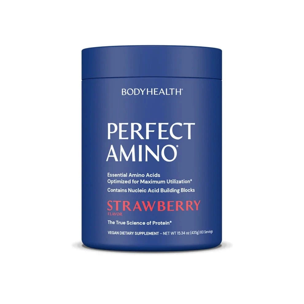 Perfect Amino Powder Fresa 435 g con sabor natural a fresa, aminoácidos veganos en polvo y 60 raciones