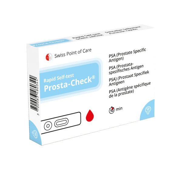 Test domiciliare Prosta-Check PSA con cassetta test, lancetta, pipetta e tampone per lo screening della prostata a casa