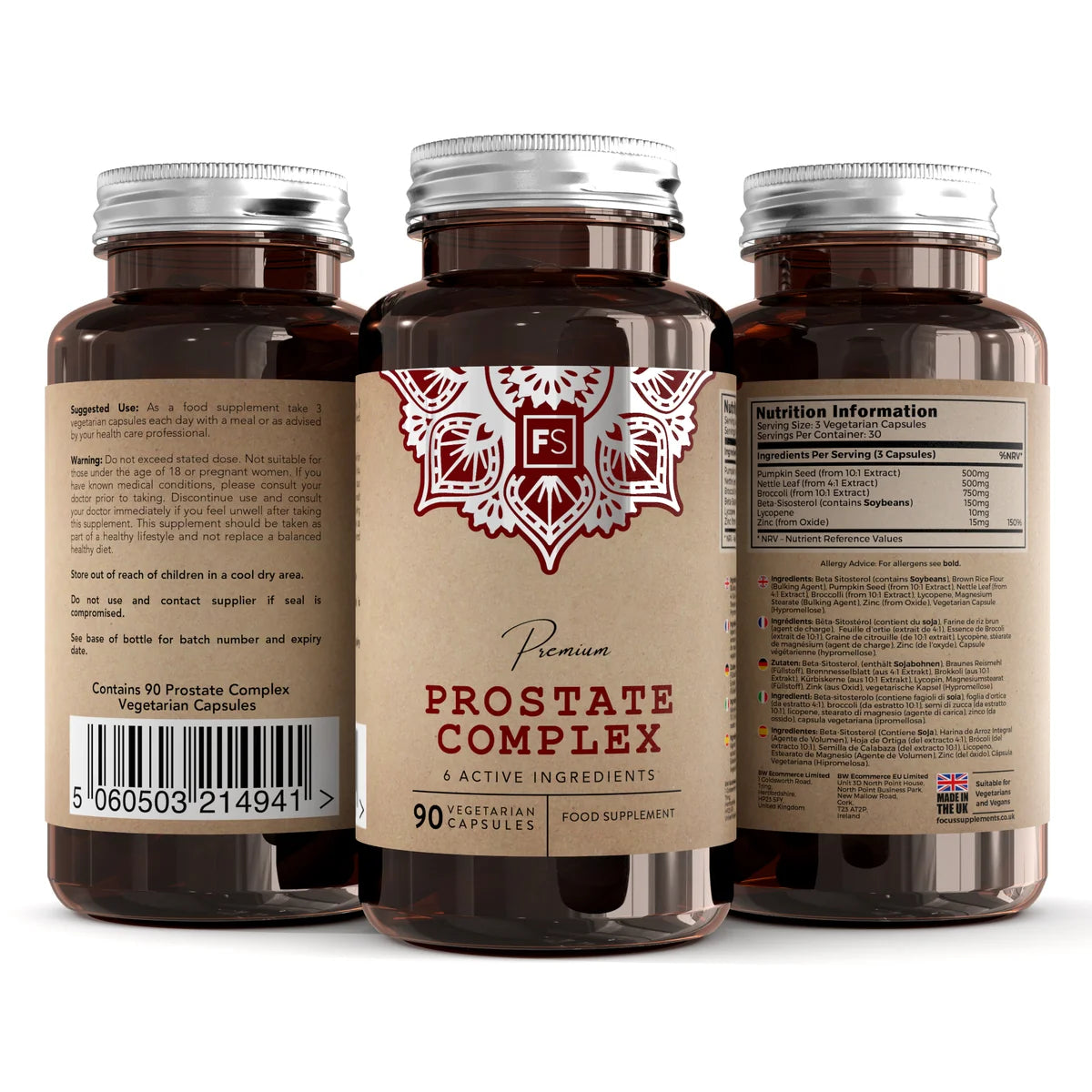 Brune glassflasker med etikett som viser "Prostate Complex" med næringsinformasjon, inneholder 90 vegetarkapsler.