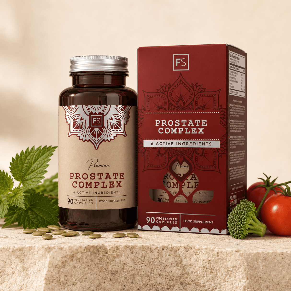 Complemento alimenticio Prostate Complex en frasco de vidrio, 90 cápsulas vegetales, con diseño de empaque y pepitas de calabaza verdes al costado.