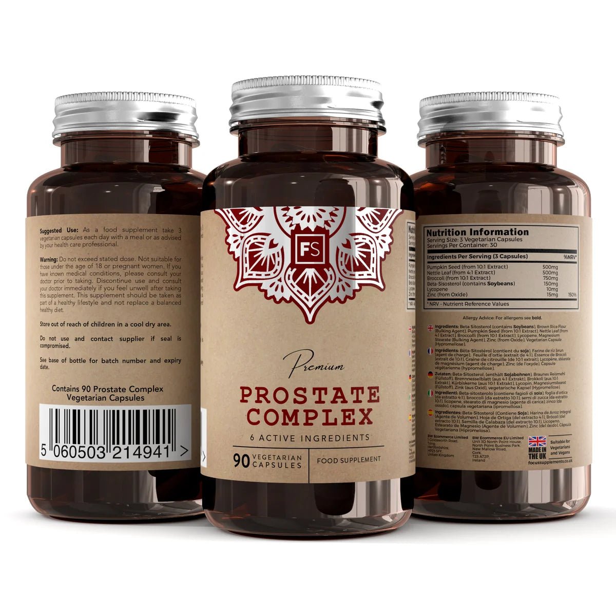 Los frascos de vidrio marrón con una etiqueta que dice "Prostate Complex" con información nutricional, contienen 90 cápsulas vegetales.