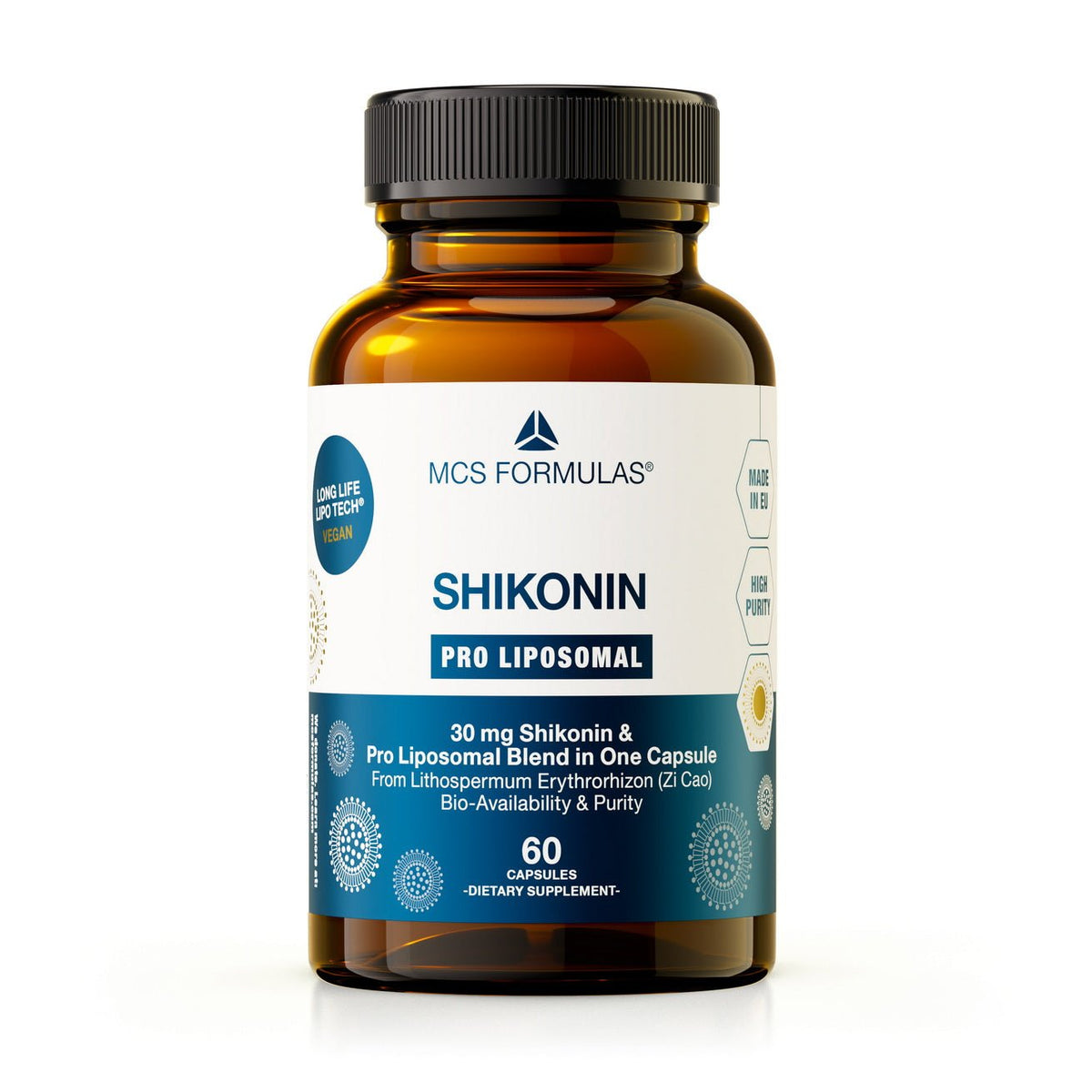 Shikonin Pro Liposomal 30 mg ravintolisä lasipurkissa, jossa 60 vegaanista kapselia ja liposomaalista koostumusta