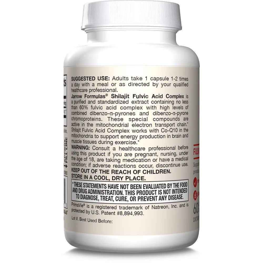 Wit capsuleglas met grijs etiket. Capsules bevatten veganistisch shilajit-fulvinezuurcomplex. In totaal 60 capsules.