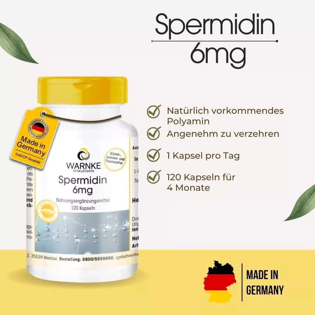 Spermidine 6 mg capsules with yellow caps, labeling of German quality and plant-based content, 120 capsules per bottle.