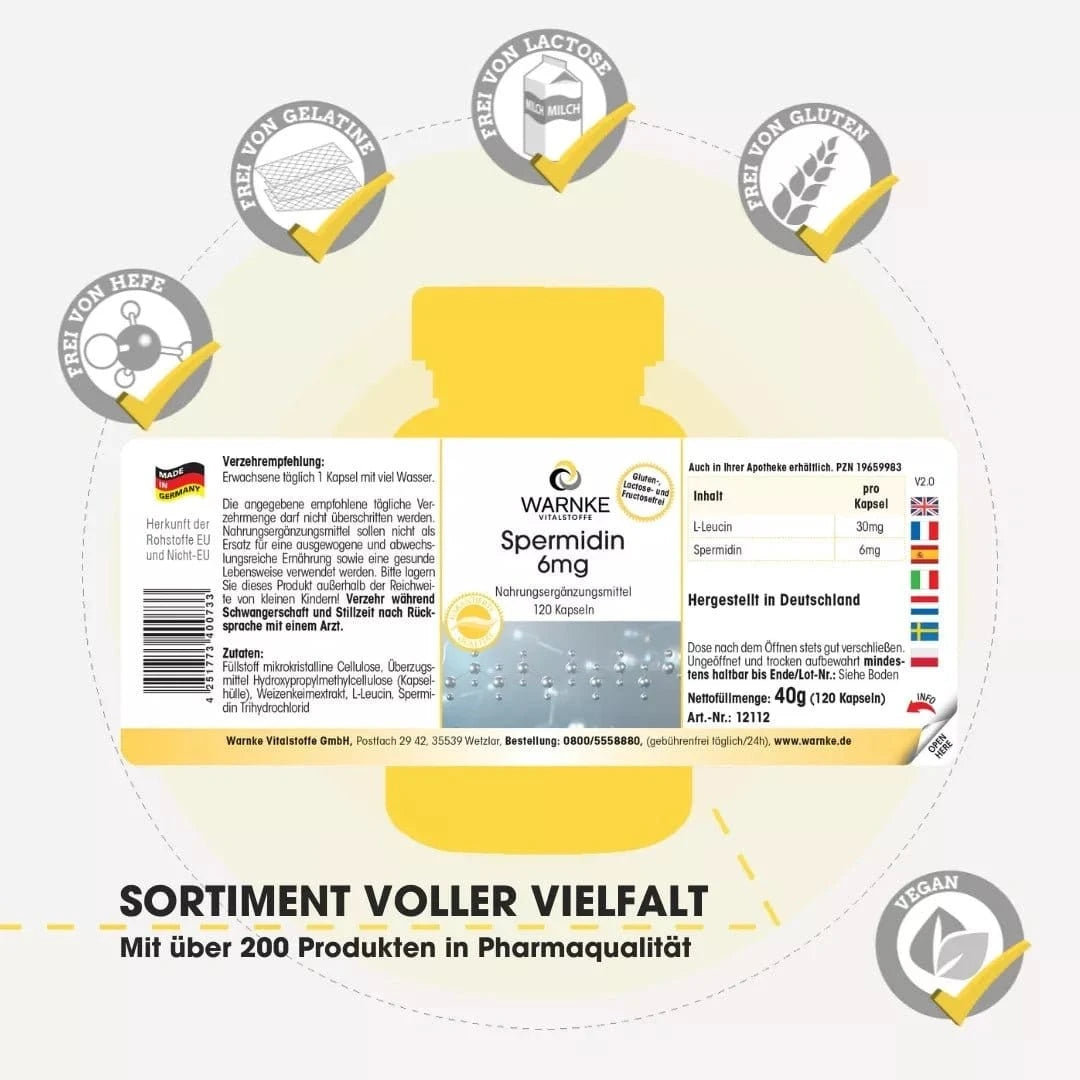 Spermidine 6 mg capsules in a yellow container with a white label, contains 120 capsules and is gluten-free.