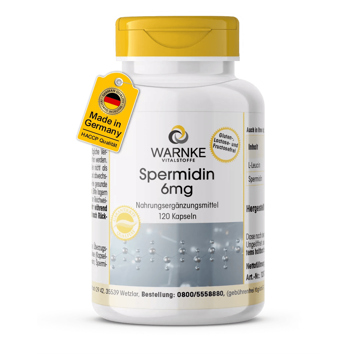 Spermidin 6 mg kosttilskudd i hvit beholder med gul lokk, merket med "Made in Germany" og innhold på 120 kapsler.