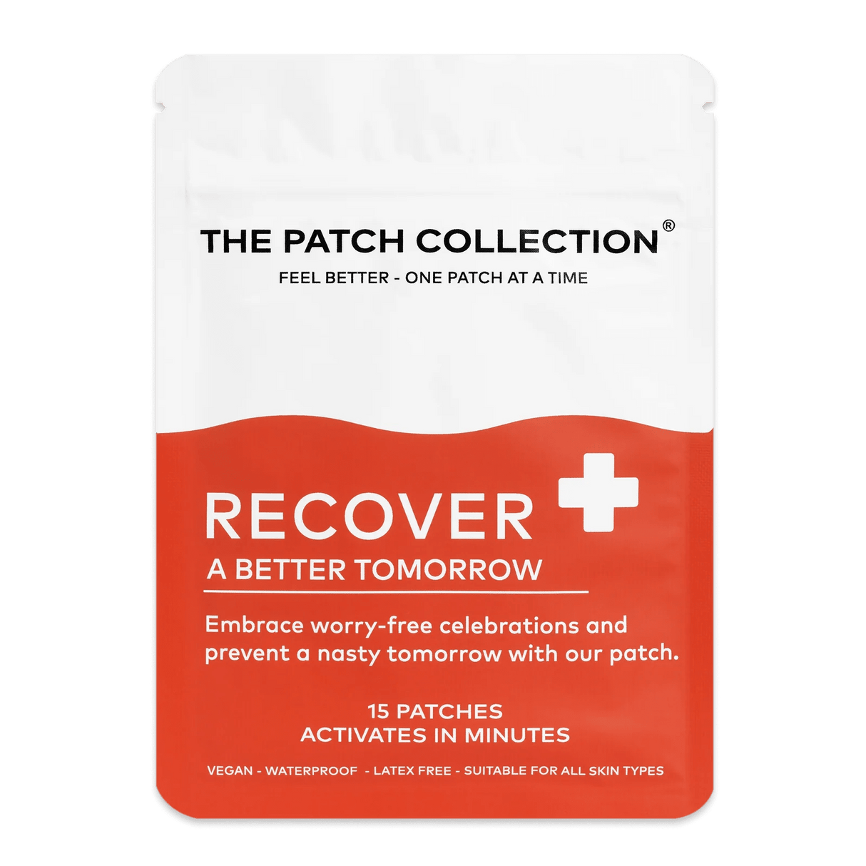 Envase rojo y blanco con el texto "Recover" y "15 tiritas" claramente diseñados, indicando el tipo de producto y sus propiedades.