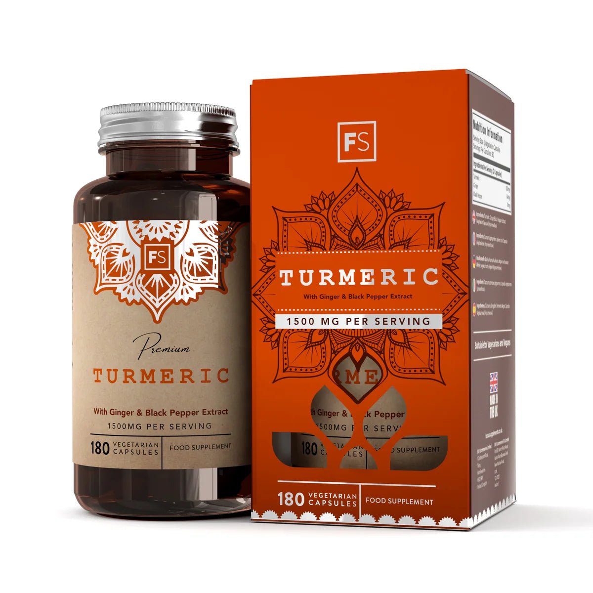 Capsules à l'extrait de curcuma, de gingembre et de poivre noir dans une bouteille en verre marron avec une étiquette orange, 180 pcs.