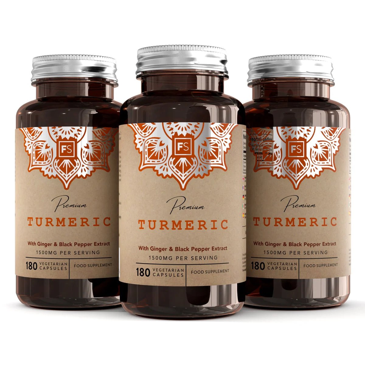Trois bouteilles marron avec capsules végétales, étiquette avec le texte « Premium Curcuma » et détails orange.