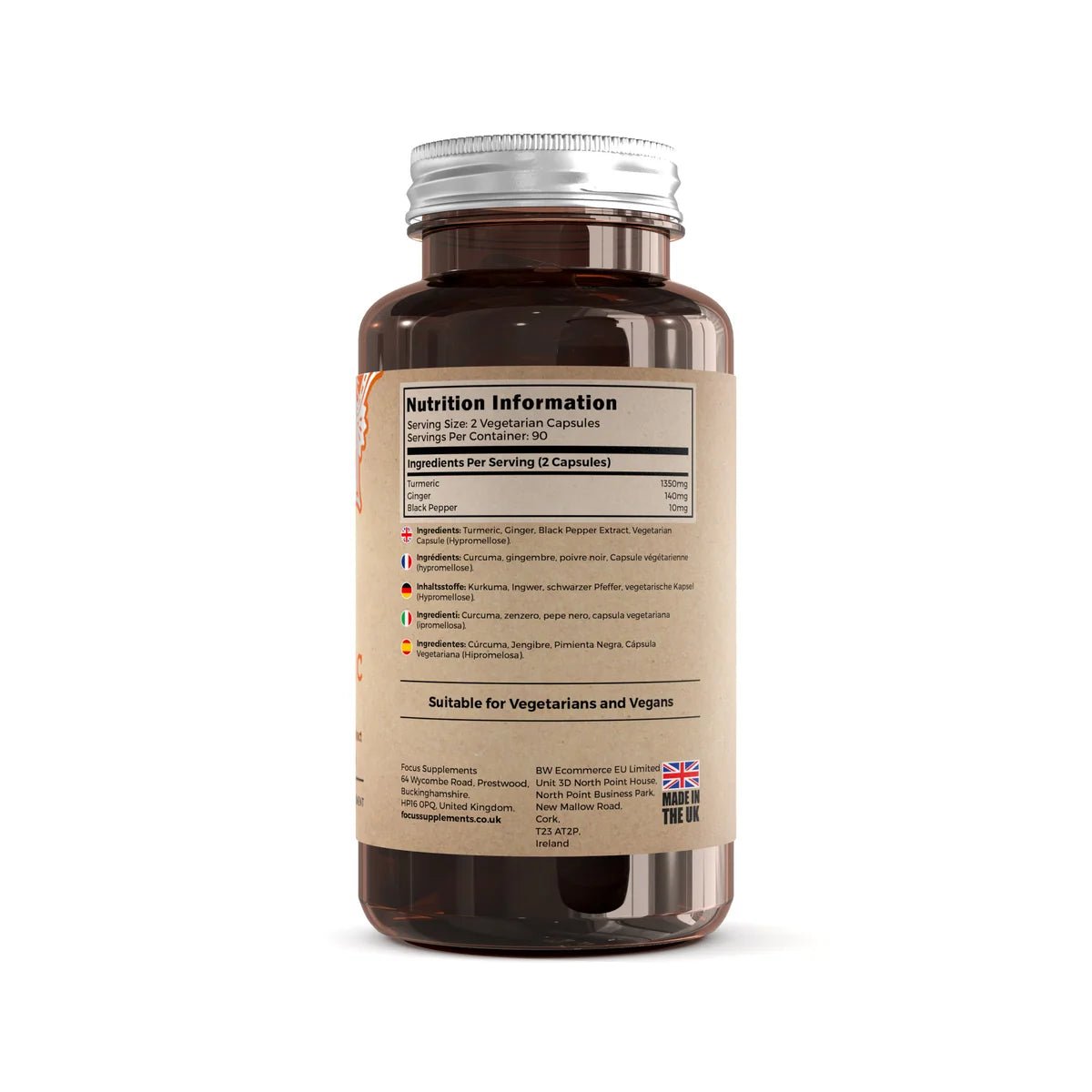 Flacon en plastique marron avec bouchon à vis, étiquette avec informations nutritionnelles détaillées sur le complément alimentaire Curcuma, gingembre et poivre noir.