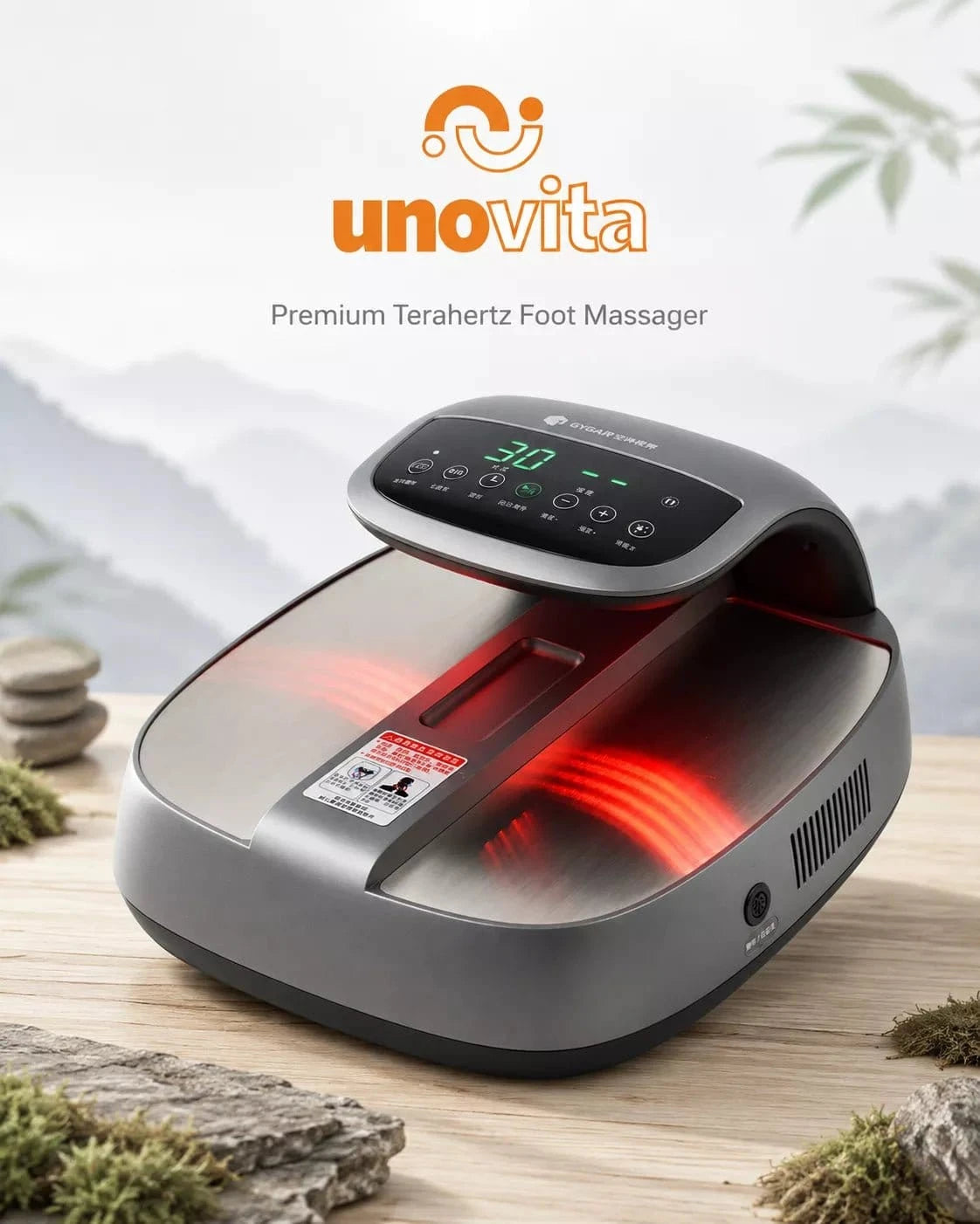Masseur de pieds avancé Uno Vita THz avec panneau LED/LCD, plaque de pied, chaleur, PEMF et lumière LED rouge et bleue