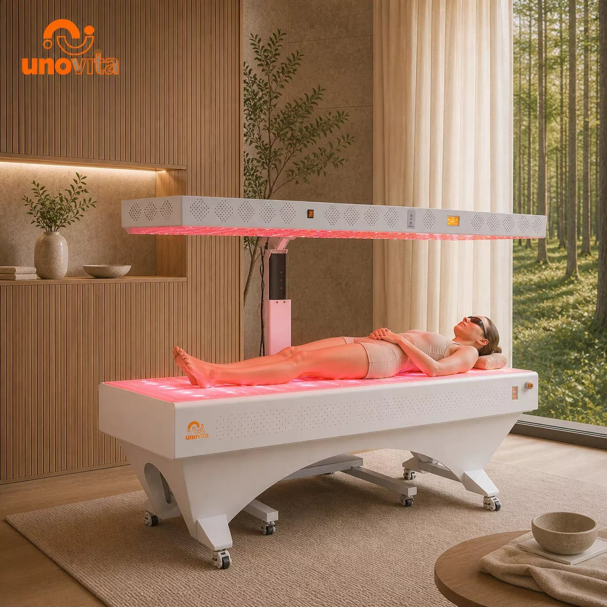 Uno Vita RLPRO2000L-B red light therapy bed with open top panel, full spectrum LED and white wheel base for full body use