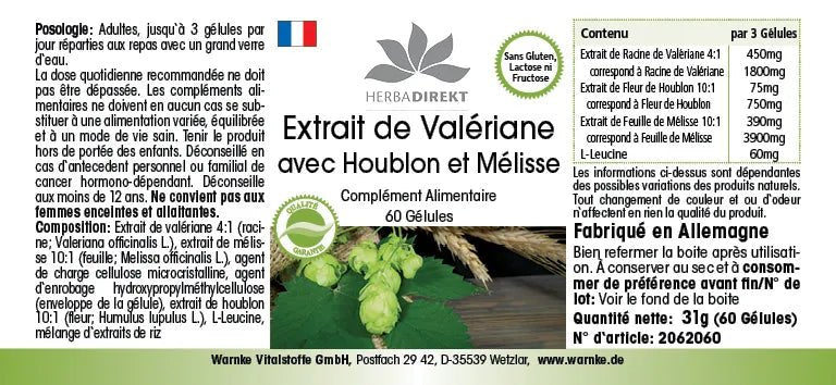 Vegan capsules with valerian, hops and lemon balm in a box of 60 capsules. The capsules are easy to swallow.