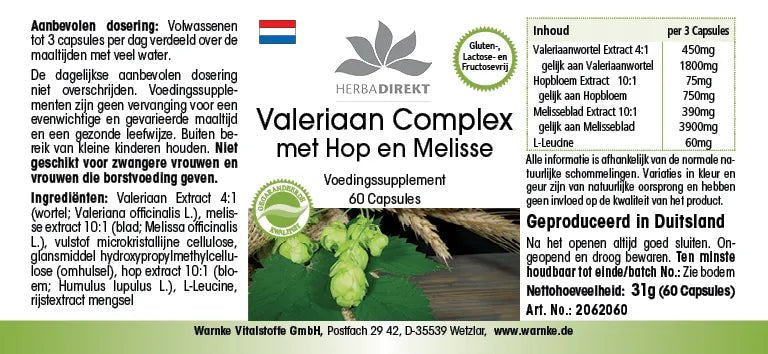 Valerian Complex with hops and lemon balm, 60 vegan capsules in practical packaging.