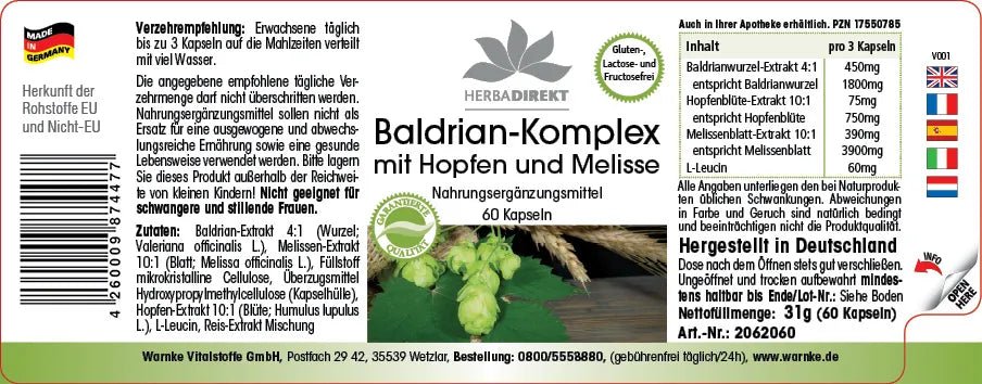 Valerian Complex with hops and lemon balm, 60 vegan capsules in a practical package.