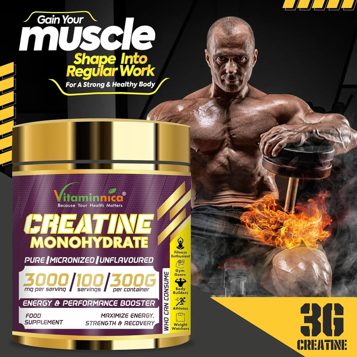 Polvo de monohidrato de creatina 100% puro de Vitaminnica para rendimiento y potencia muscular - Uno Vita AS