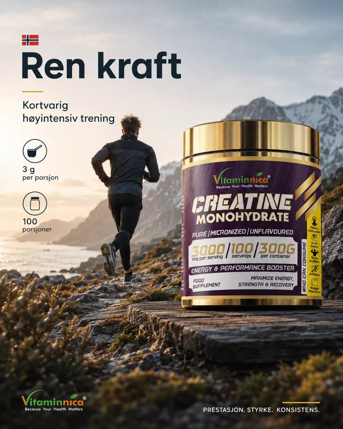 Polvo de monohidrato de creatina 100% puro de Vitaminnica para rendimiento y potencia muscular - Uno Vita AS