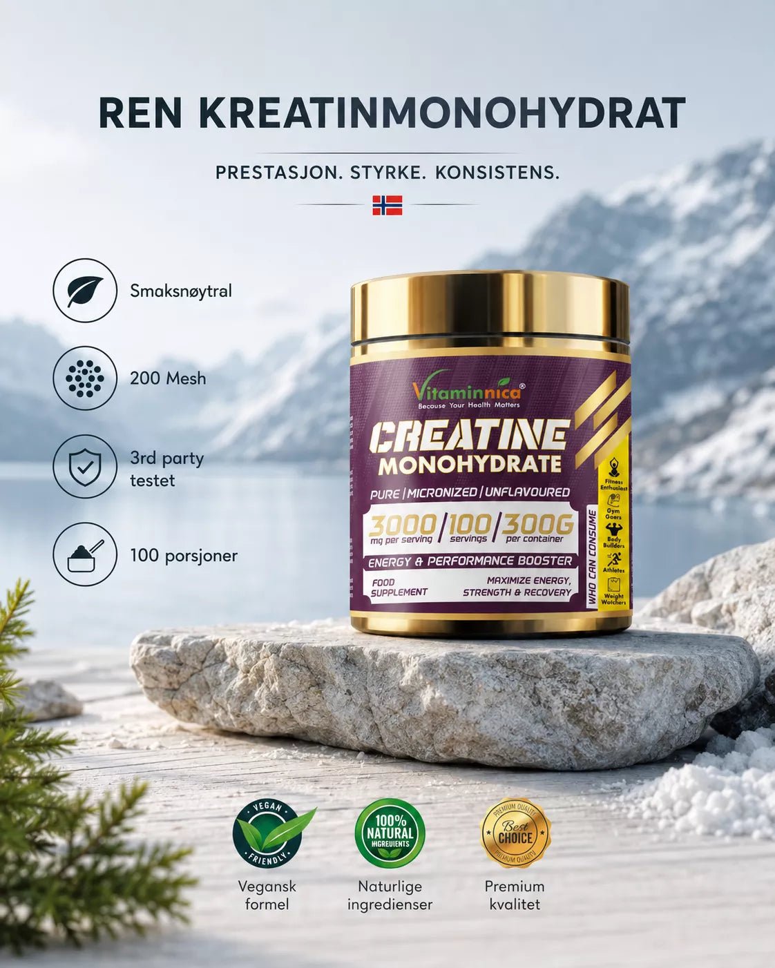 Polvo de monohidrato de creatina 100% puro de Vitaminnica para rendimiento y potencia muscular - Uno Vita AS