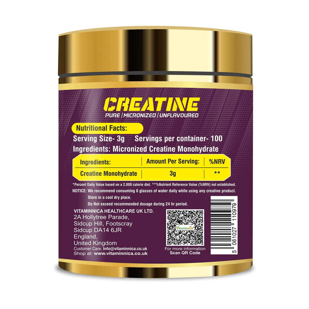 Polvo de monohidrato de creatina 100% puro de Vitaminnica para rendimiento y potencia muscular - Uno Vita AS