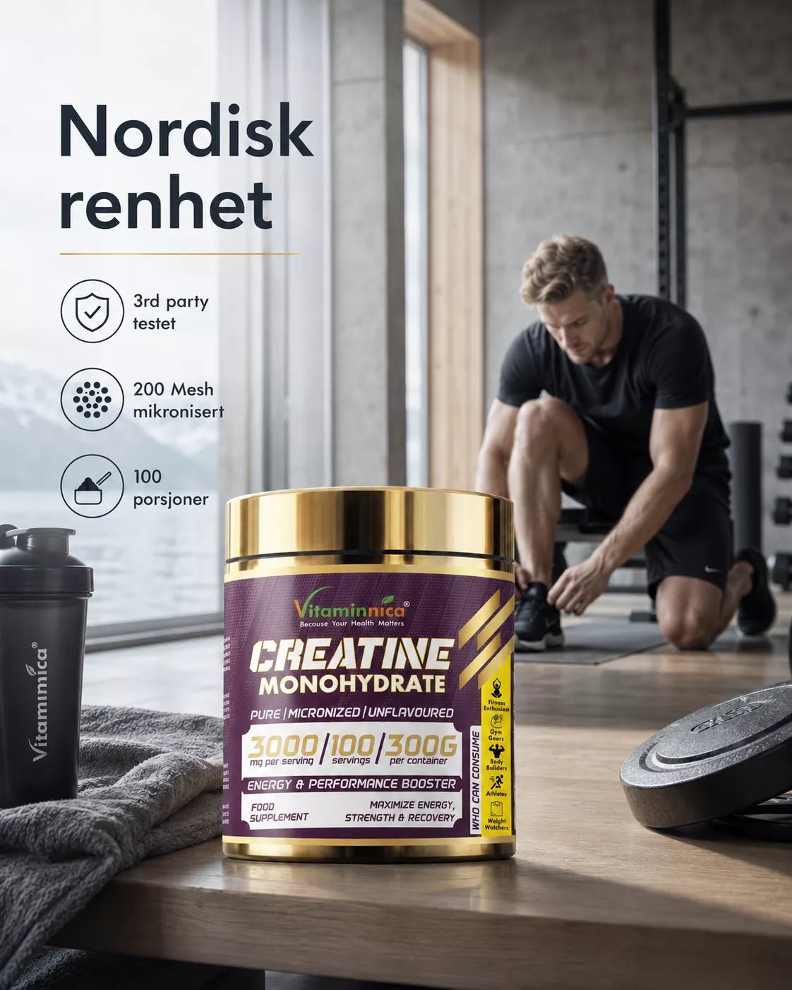 Polvo de monohidrato de creatina 100% puro de Vitaminnica para rendimiento y potencia muscular - Uno Vita AS