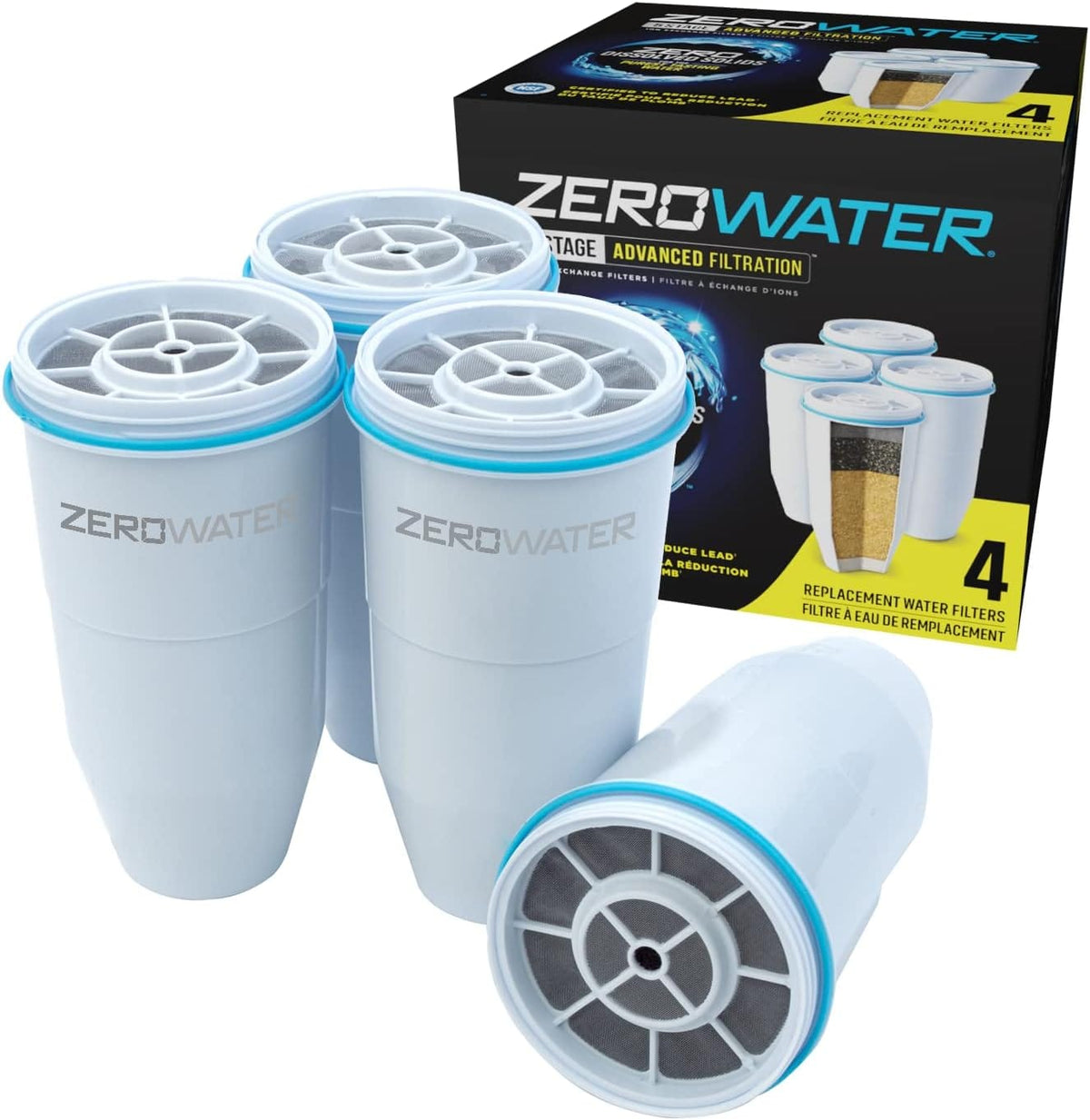 Paquete de 4 filtros de agua ZeroWater con filtración de 5 etapas para todas las jarras ZeroWater