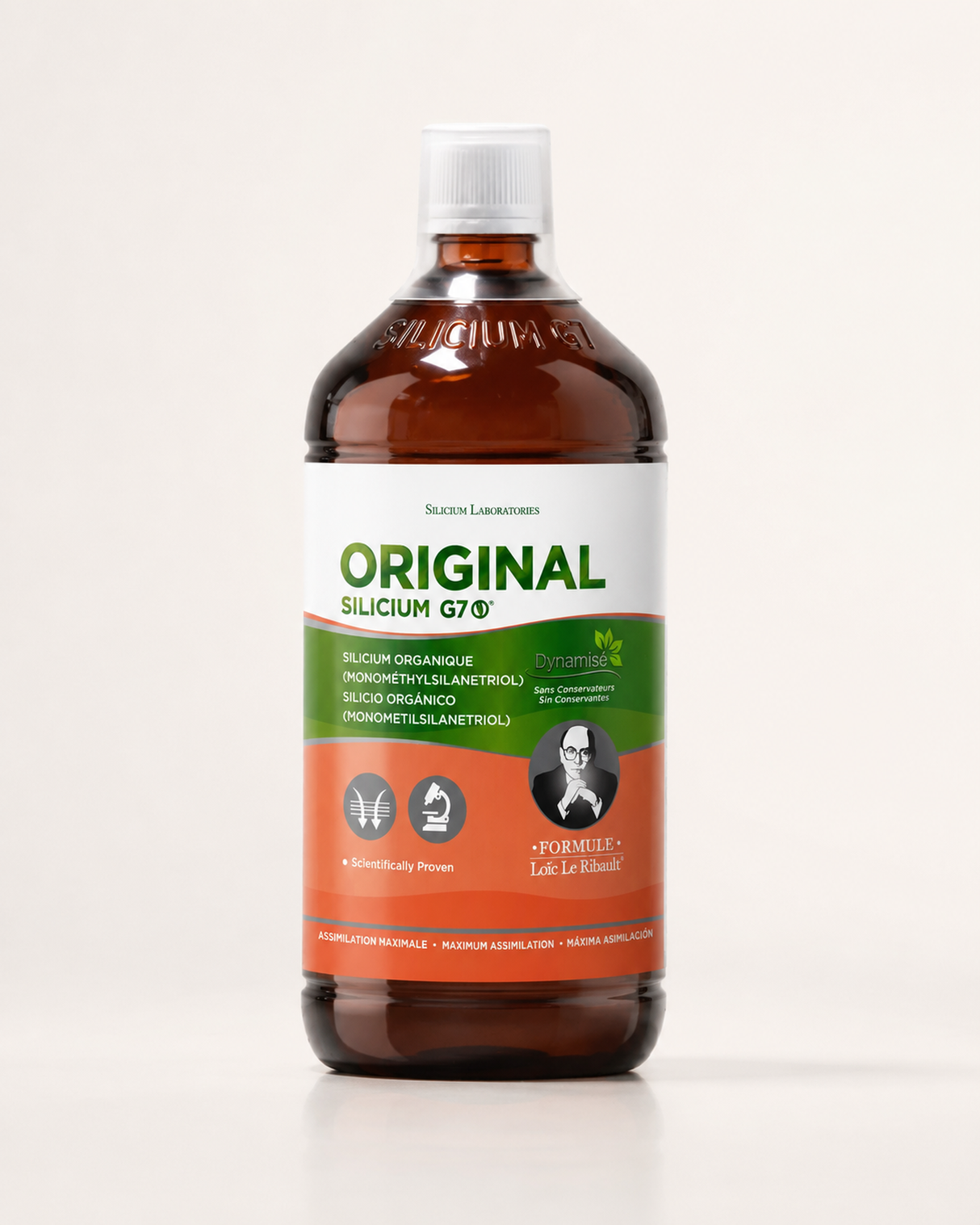 Flytende kosttilskudd Silicium G7 Original i en 1000 ml brun flaske med hvit skrukork og målebeger.