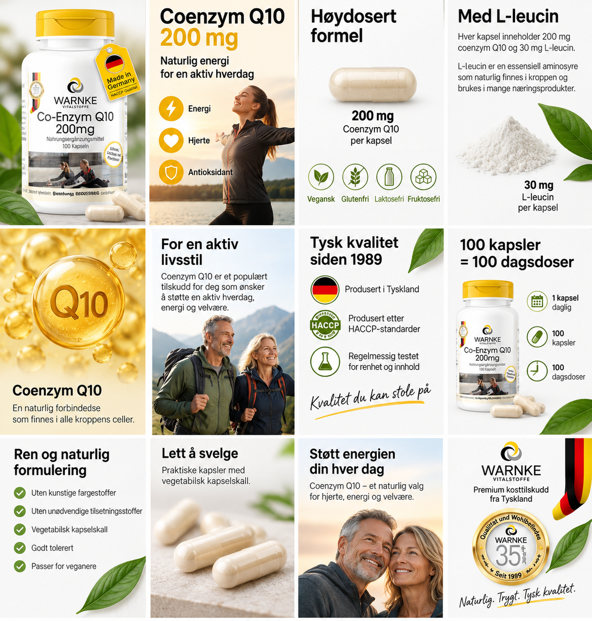 Vegan kapsler med 200 mg koenzym Q10. Kapslene er beige og pakket i en hvit boks med gult lokk.