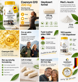 Vegan kapsler med 200 mg koenzym Q10. Kapslene er beige og pakket i en hvit boks med gult lokk.