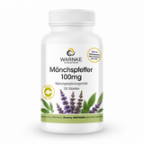 Munkpepper 100 mg, 120 veganske tabletter, med lilla blomster på etiketten og grønn bakgrunn.