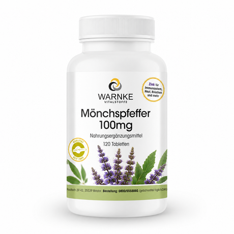 Munkpepper 100 mg, 120 veganske tabletter, med lilla blomster på etiketten og grønn bakgrunn.